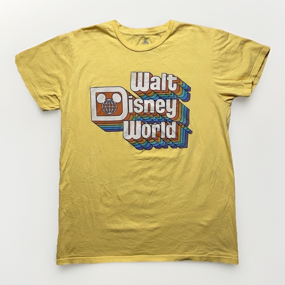 Disney Parks Walt Disney World Retro 70s Rainbow Logo T Shirt Size Large Yellow